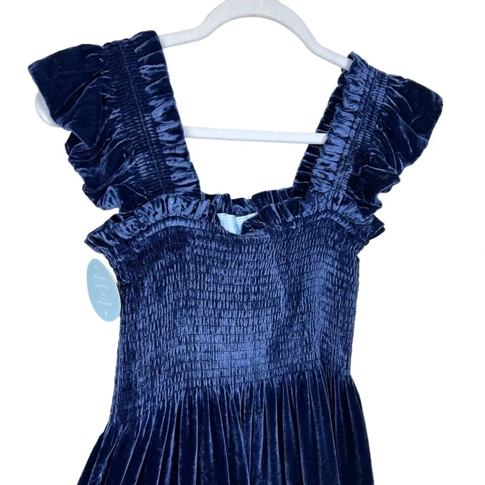 Hill House Navy Velvet Ellie Nap Dress S Holiday Midi Tired Ruched Sleeveless - Picture 6 of 14